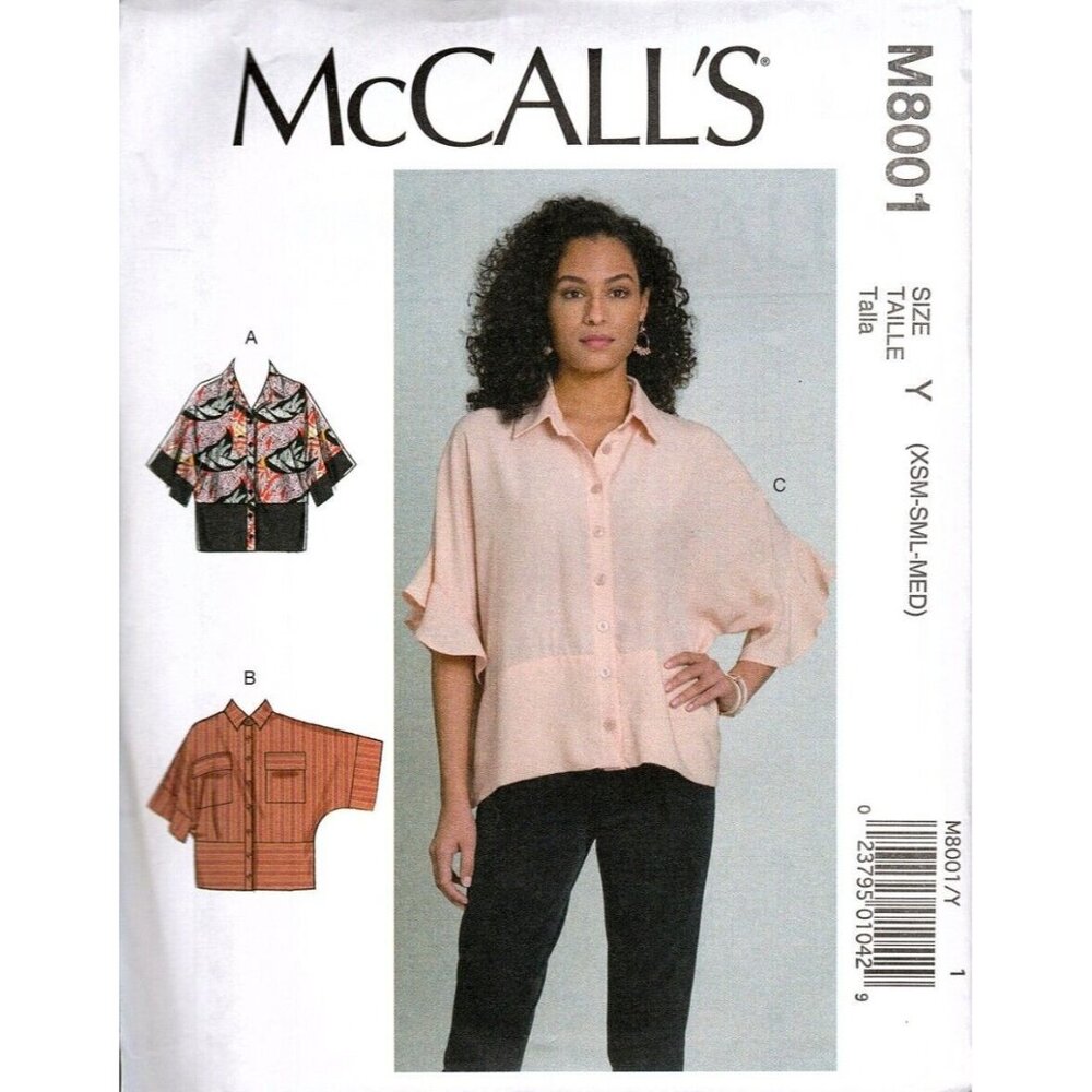 McCalls M8001 Misses XS to M Loose Casual Button Front Tops Uncut Sewing Pattern
